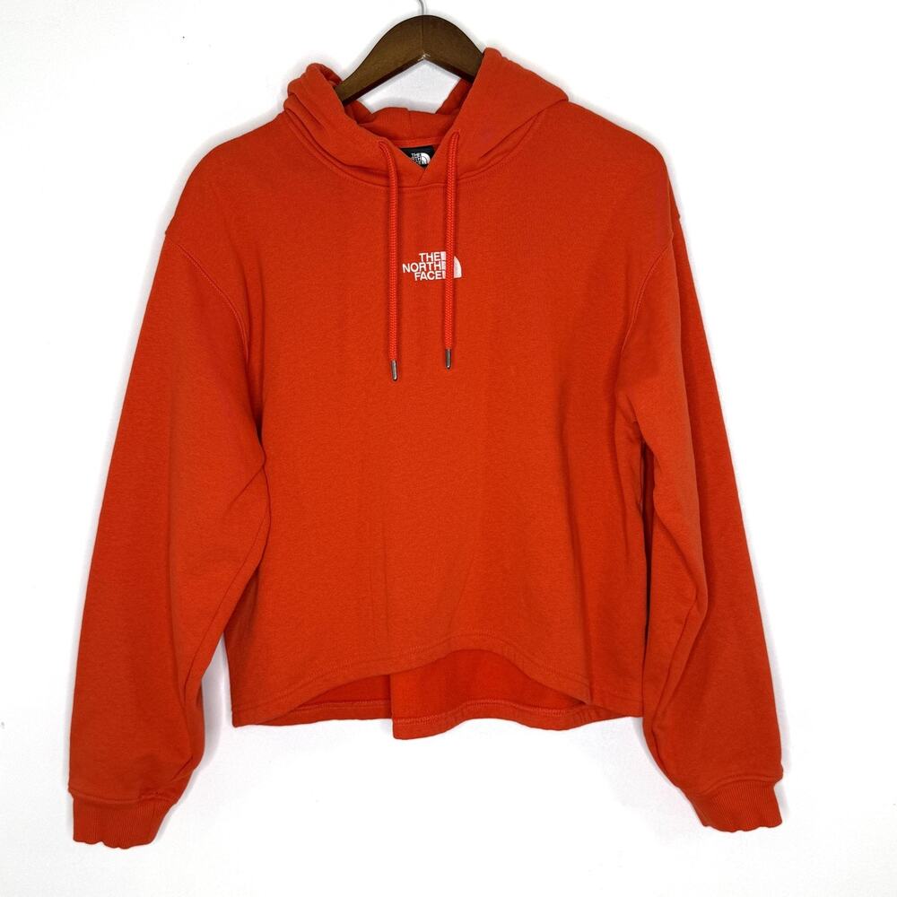 North Face Hoodie Womens XL Orange Fleece Cropped Pullover Casual Sweatshirt